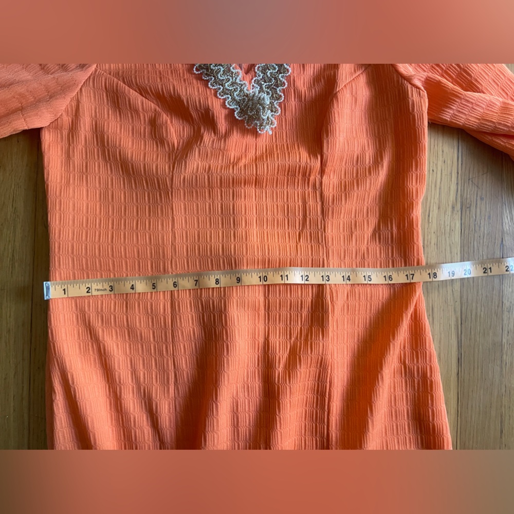 60s-70s Vintage Orange Maxi Dress with Beaded Neckline - Picture 8 of 8